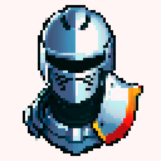 knight, game icon, skill art, portrait, pixel art, sRGB, noble armor, sword, shield, helmet, detailed facial features, vibrant colors, retro aesthetics