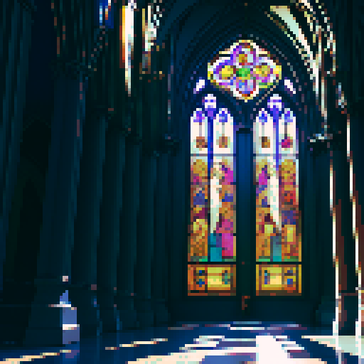Gothic cathedral interior, towering stained glass windows, flickering candlelight, ornate stone arches, intricate stone carvings, ethereal sunlight streaming through, dramatic shadows, pixelated details, vibrant sRGB color palette