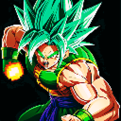 DBZ Broly, Legendary Super Saiyan, fierce, muscular, towering, green hair, bulging veins, explosive energy, pixel art, vibrant colors, intense shadows, sRGB