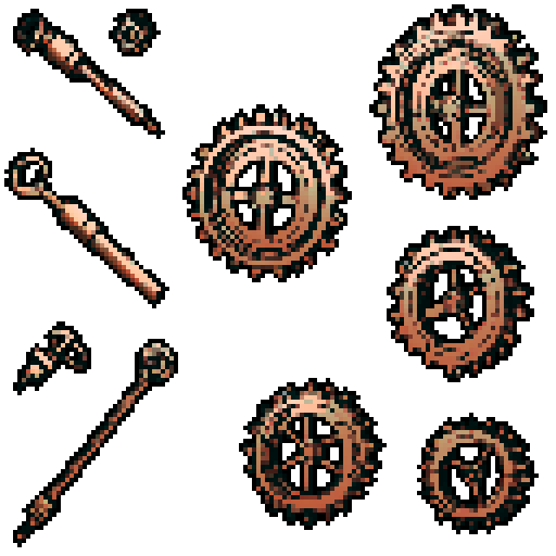 I want a copper gear that looks like it was made by a master clockmaker. It should have strange mechanical details that could interlock with each other. I also want this object usable an asset in a videogame, meaning only one object per image, outlined with a strong black stroke, on a solid-color background.