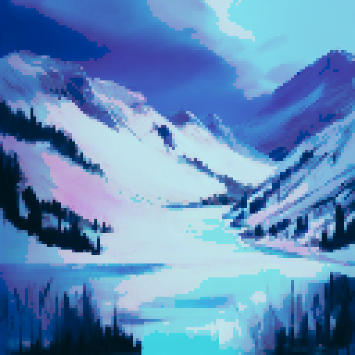 billowing northern lights reflected in a frozen river between high mountains over icy tundra and pines neon blue and pink with dark colors too