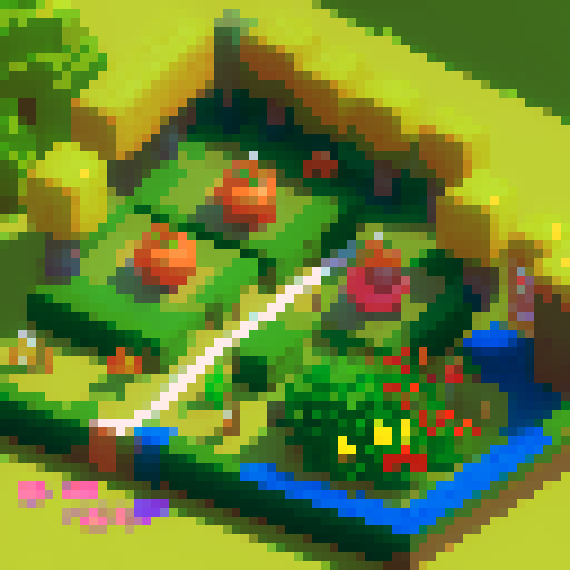 Create a vibrant, pixelated map of a farm-to-table kitchen for the first level of Dr. Ketchup's video game, featuring a lively garden full of fresh vegetables and a bustling kitchen area equipped with classic cooking tools, all rendered in a colorful and stylized pixel art style. Create a pixel art map for the first level of the Dr. Ketchup video game. This level will be the introduction to the world of Dr. Ketchup, setting the tone for the rest of the game. The map should be a stylized version 