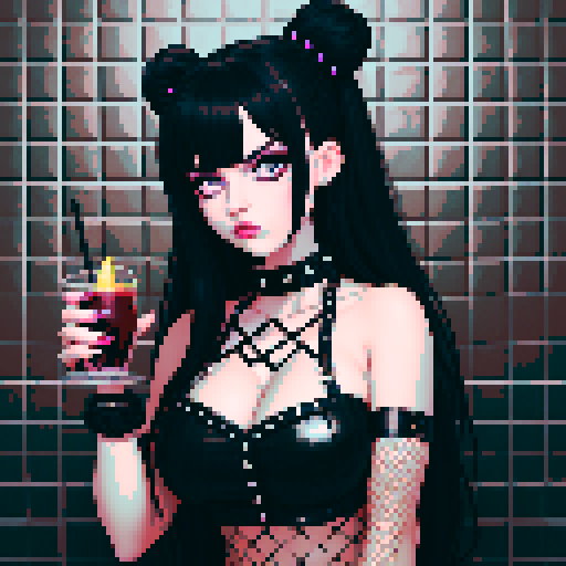 Curvy cute goth girl bartender, long hair in buns with bangs, dark smoky eyes, black studded choker, fishnet stockings, pouring colorful cocktails. busty goth babe with studded collar, wearing buckled halter top, in a full face portrait with a glamour shot aesthetic, against a moody tile backsplash, capturing an edgy pixel art style in sRGB