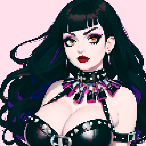 curvy, cute busty goth woman's face, whole head portrait, black hair, purple eyeshadow, red lipstick, low cut black studded leather halter top, studded collar, vibrant sRGB colors, edgy aesthetic.