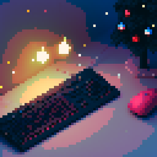 keyboard, mouse, decorated Christmas tree with twinkling lights instead of monitor, desk, 8-bit, vibrant and lively asthetic