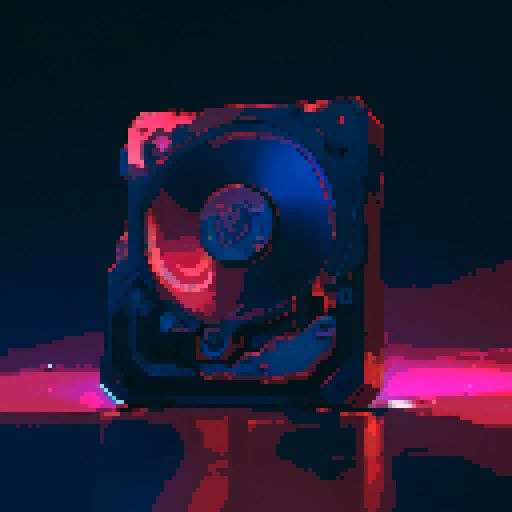 Futuristic hard drive, glowing neon circuitry, metallic casing, pixelated digital display, sRGB color palette, retro pixel art
