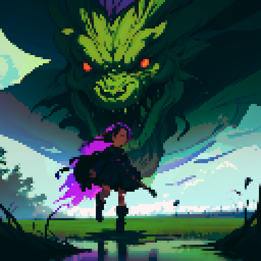 a child run away from a black clouds that follow him, in a swamp, dark color with domination of purple and green