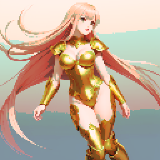 Beautiful, seductive, fantasy RPG female character, full body, dynamic pose, elegant magical armor, subtle cleavage chest plate, intricate golden ornaments, thigh-high boots, long flowing hair, smooth glowing skin, confident facial expression, direct gaze, soft lighting, simple background, soft gradient abstract setting, highly detailed anime style, ultra-realistic rendering, 4K wallpaper, character centered, pixel art, sRGB
