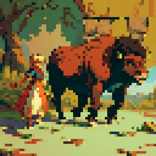 Bison in ancient art style, wall painting, pixel art, sRGB