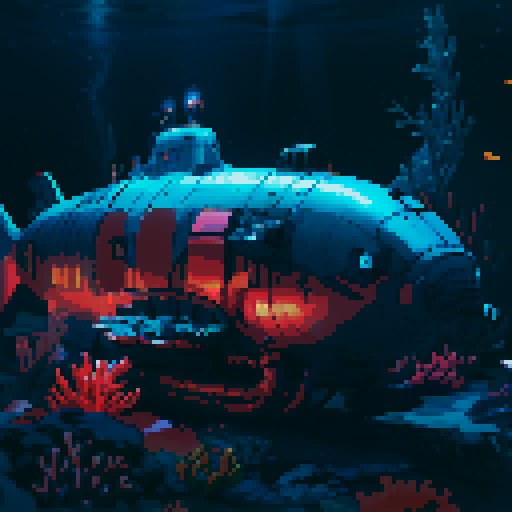 submarine, underwater, colorful, vibrant, retro, 8-bit, pixelated, deep sea, coral reefs, marine life, illuminated, glowing, exploration, portholes, periscope, propellers, mechanical, rivets, vintage, nostalgic