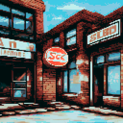 abandoned storefront, nostalgic lighting, pixelated brick walls, cracked windows, overgrown vines, flickering neon sign, empty wooden crates, weathered awning, faded graffiti