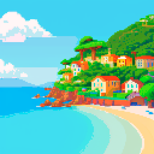 island with orange-roofed Italian homes, boats, small beach, pixel art, sRGB, muted colors, ghibli
