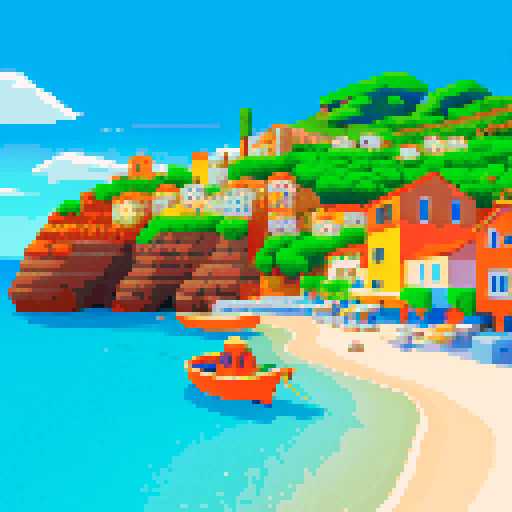 island with orange-roofed Italian homes, boats, small beach, pixel art, sRGB