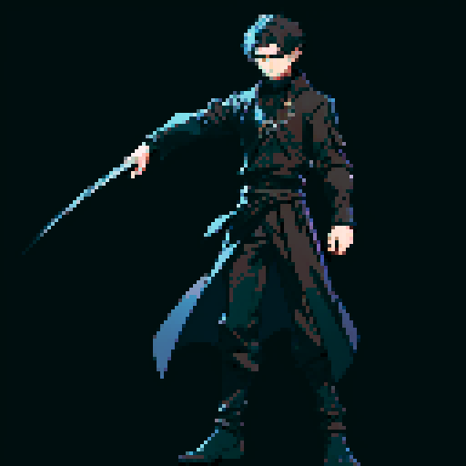 male character, black clothing, neutral pose, neutral facial expression, sRGB palette, no lighting