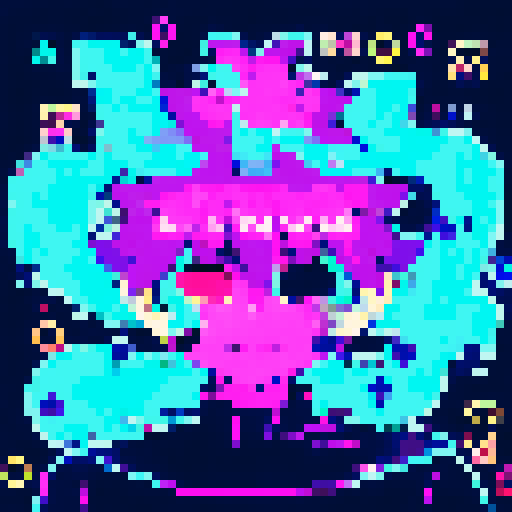 Rainbow-haired cyber hacker chomping on bubblegum, staring intently at the screen with glitchy neon digits reflected in their eyes, depicted in a detailed anime-style pixel art portrait.