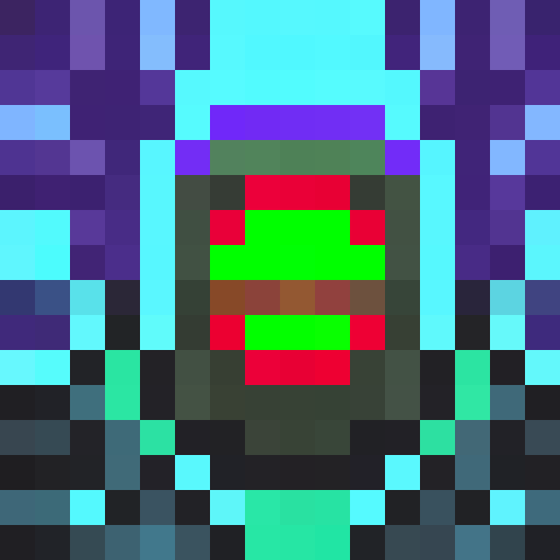 Cyberpunk robot with neon blue eyes, metallic claws, and a circuit board brain, posing in a gritty alleyway with a backdrop of flickering holographic billboards in a retro 16x16 pixel art style.