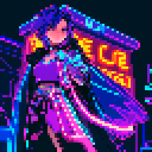 magic mage cyberpunk girl with vibrant purple hair, glowing tattoos, and a flowing cloak, surrounded by holographic neon signs and futuristic market stalls, all rendered in pixel art with a vivid sRGB color palette