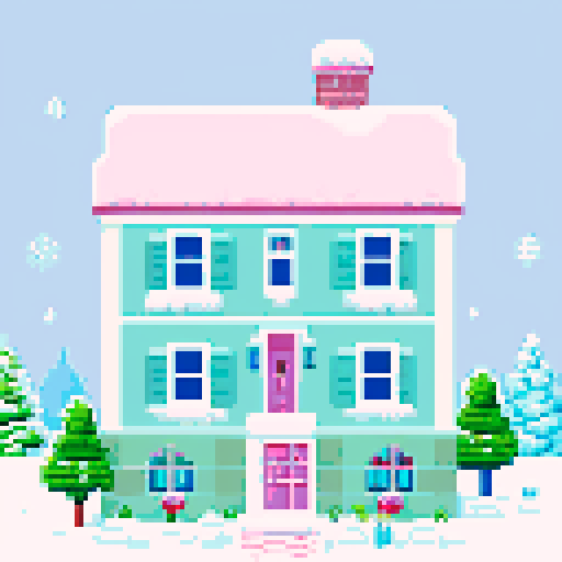pastel palette, pixel art, ruins houses, snow