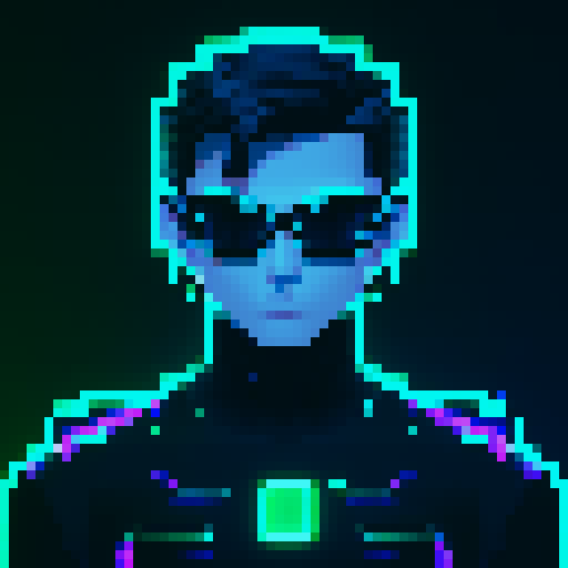 A modern, tech-inspired male coder with glowing lines, matrix-style code, and pixelated effects in the background Dark theme with shades of black, gray, and neon blue or green Innovative and futuristic pixel art in sRGB