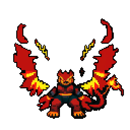 A larger, more formidable fire demon with intense flames engulfing its body, large wings, and glowing yellow eyes. It radiates heat and has a fierce, intimidating expression. No background.
