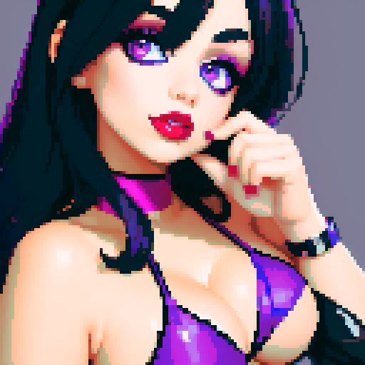 curvy, cute goth girl face, black hair, purple eyeshadow, red lipstick, leather bikini, exposed nipples,  face portrait, glamour shot, vibrant sRGB colors, pixel art