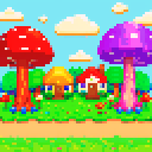 pixel art landscape with tall, vibrant trees, whimsical mushrooms, cozy houses, and colorful flowers