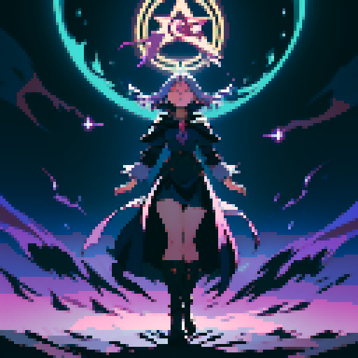 full-body image, sorceress facing right, sorceress ready to fight, evil sorceress, floating, arms out, magic circles, magic power, spell, evil sorceress, evil witch, magic symbols, ultimecia, final fantasy, sRGB, pixel art, evil outfit