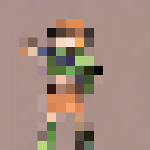 girl, long-sleeved hoodie in blue and purple, black pants, glasses, blue eyes, smiling, messy medium green hair, hand on hip, dark-skinned, game icon, 16x16, pixel art, close up, portrait