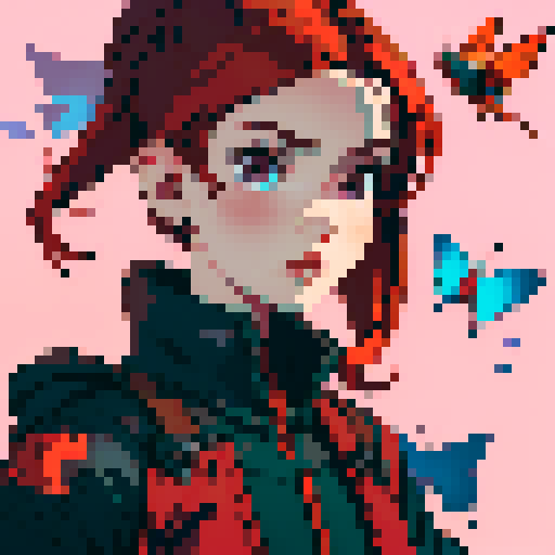 girl with red hair and red butterflies flying around her