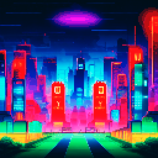 Neon-lit, towering goalposts stand guard over a cybertronic, gridiron battlefield complete with holographic yard markers, a sleek and streamlined stadium, and a backdrop of a city skyline shrouded in darkness