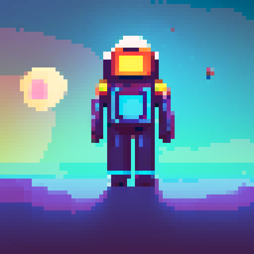 astronaut, exploring a lunar landscape, surrounded by sparkling stars, in vibrant and low-resolution pixel art, wearing a futuristic spacesuit