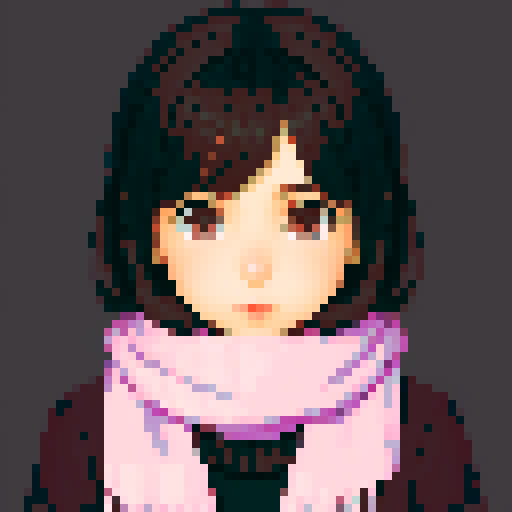 normal dark-haired girl with scarf, expressive eyes, soft shading, intricate details, whimsical charm, seamless pixelation