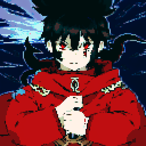 Male half-demon warrior, short black hair, captivating fusion of dark and fiery elements, red eyes reflecting fierce determination and vulnerability, attire blending traditional and modern influences from human and demon, character portrait, anime style, pixel art, close-up