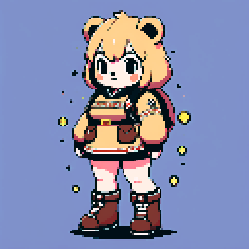 A graphic depiction of a chubby puffy bear in retro 1995 anime style, chibi form, pixel art, half body, ellipse head,with black puppet eyes and brown fur, styled with long twin pigtails. character is standing close to the camera. Wearing magical clothes with intricate belts and patches. Background of a wild magic night with a dark waterfall and bright stars. Created Using: classic anime aesthetics, detailed magical garments, enchanting night setting