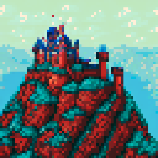 medieval castle, hilltop, small village, palisades, sRGB, pixel art, background, landscape