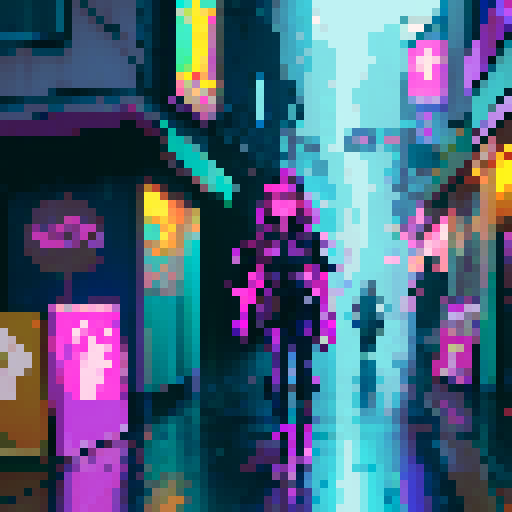 Cyberpunk night market, neon-lit alleys, bustling crowd, holographic advertisements, towering skyscrapers, futuristic vehicles, vibrant colors, glitchy visuals, retro arcade machines, steam rising from street food stalls, flickering streetlights, rain-soaked pavement, vibrant graffiti, pixelated storefronts, augmented reality displays, robotic vendors, glowing cybernetic implants, glitched-out visuals, sRGB, pixel art