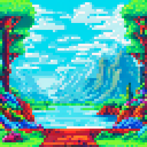 Lake view, majestic eagle soaring above, vibrant wildlife in pixel art, sRGB color palette, detailed background, picturesque landscape
