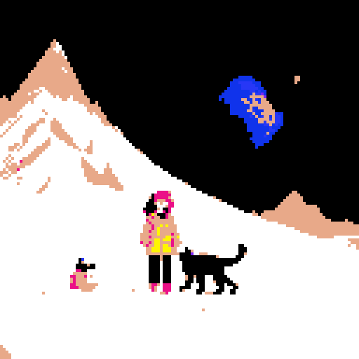 Woman with auburn hair and a black cat with yellow eyes in between towering, snow mountains in space