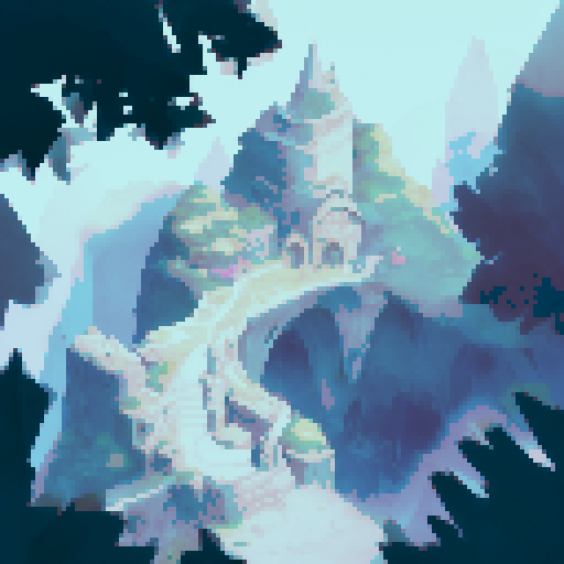 a grey walled village at the base of a tall sheer grey stone cliff, falling snow, pale white moon, night, stars