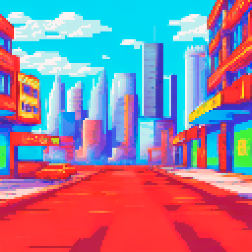 Futuristic Denver cityscape with vibrant graffiti, sRGB colors, pixel art style, featuring a sprawling background landscape