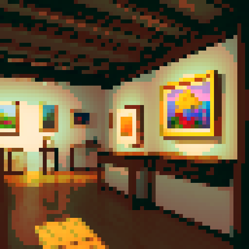 a cozy art gallery with several paintings in view