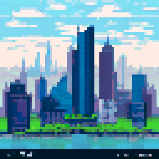 Towering skyscraper, metropolis scene, muted palette of grays blues and greens, simple background, pixelated world
