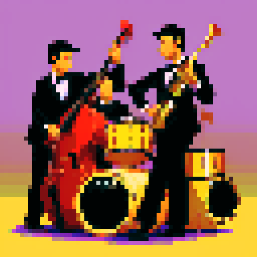 jazz musicians playing instruments, drums, double bass, in a dim bar, black, purple, brown, gold, pixel art style, sRGB