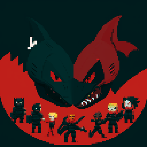With a background of red and black, two villain faces, one a shark and the other a fox, and their troop ready for war at the bottom of the image.