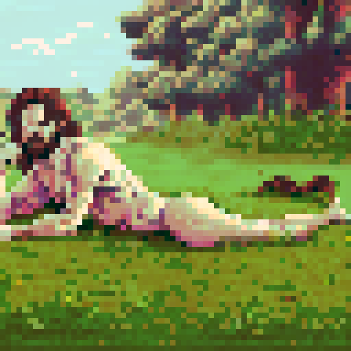 crazy, naked, long-haired man, sRGB, pixel art, grass field, front, background, landscape