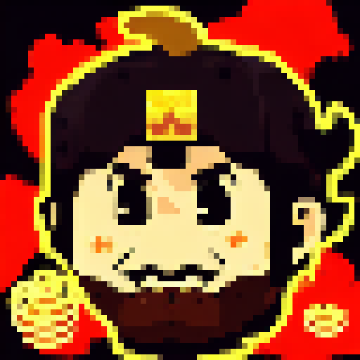 Blackbeard, pirate king, swaying on his ship's deck, engulfed by a sea of shining treasure and gold coins, immortalized in a dynamic, anime-influenced, pixel art character portrait.