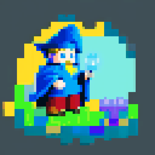 wizard in his mid 20s, blue wizard robe with yellow stars