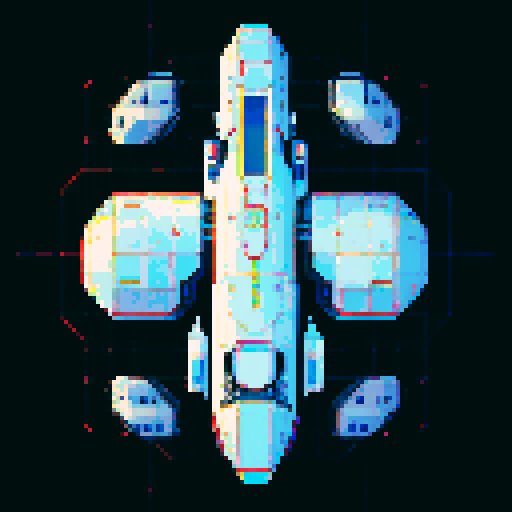 2d Spaceship in empty space, metallic exterior, retro aesthetic, pixelated details,blinking lights, wireframe outlines, geometric shapes, low-resolution textures, pixel art style, sRGB color space
View from above