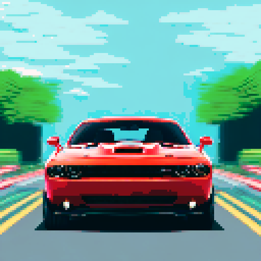 Photorealistic, centered Dodge Challenger in a three quarter view, right wheel in front, clean background, pixel art style with sRGB colors
