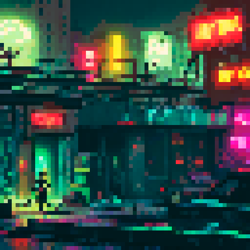 Dystopian noir city, brutalist arena with neon lights, rundown house with rusted metal roof, black market with shady neon signs, tall apartment buildings with bright, illuminated windows, overgrown trees, moody lighting, mist and shadows blending, pixel art, sRGB